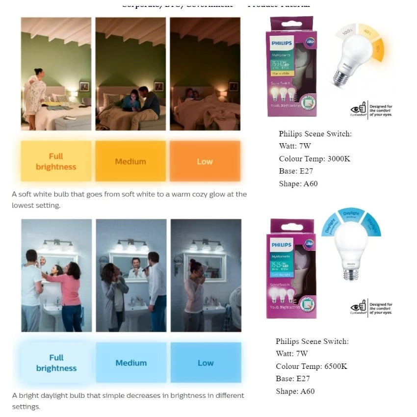 Philips LED A60 E27 Scene Switch Bulb | 2 Color in 1 Bulb & 3 Light in 1 Bulb