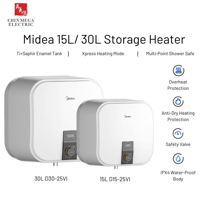 Midea 15L/ 30L Electric White Storage Heater (D15-25VI/ D30-25VI) | 1 Year Local Warranty