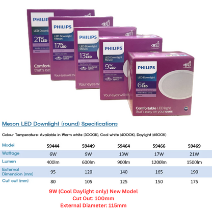 Philips Meson LED Round Downlight 6w/9w/13w/17w/21w in DL/WW/CW