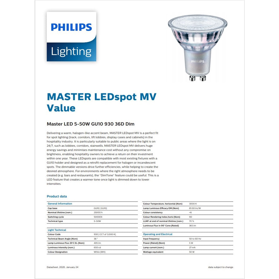Philips Master LEDspot MV GU10 Dimmable Spotlight 4.9W / 5W