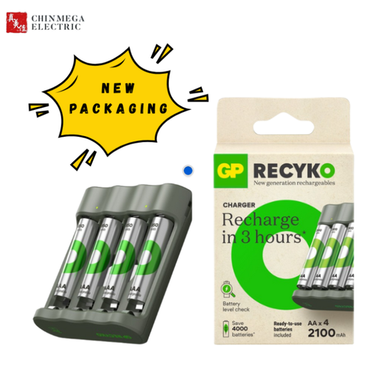 GP Recyko 4 slot USB Charger B441 with 4x AA 2100mAh NiMH Batteries