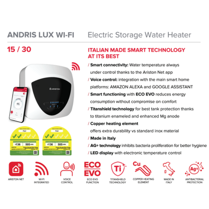 (Installation Available) Ariston Andris Lux 15L/ 30L Electric Storage Heater with Wifi (Made in Italy // Local Warranty)