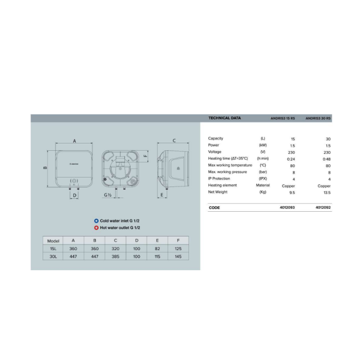 (Installation Available) Ariston Andris3 RS 15L & 30L Storage Water Heater | Local Warranty
