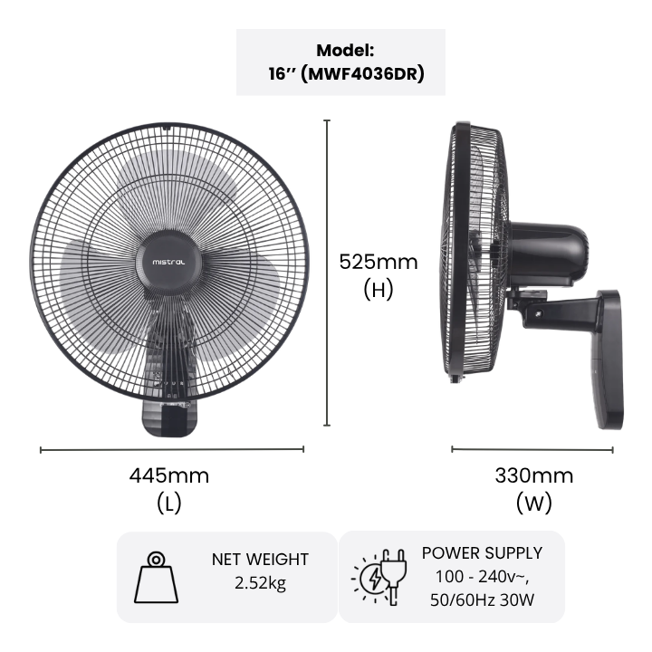 Mistral BLDC Wall Fan with Remote 16" (MWF4036DR) / 18" (MWF1810DR)
