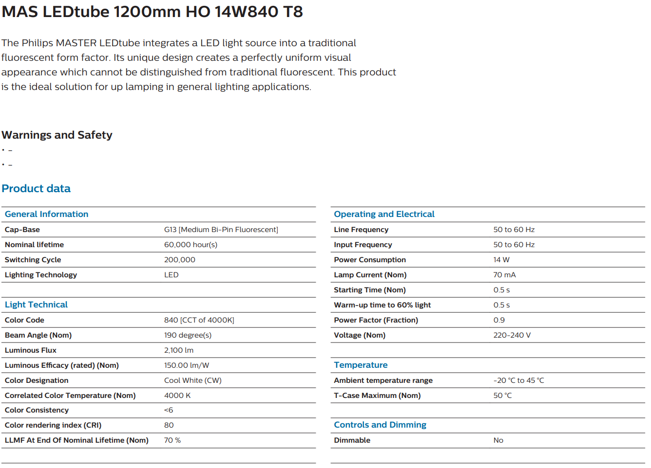Philips Master LEDtube T8 1200mm HO 14W 840/865