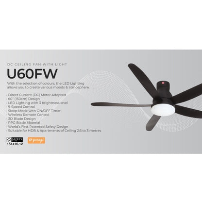 KDK 60" DC Motor Ceiling Fan With LED Light | U60FW