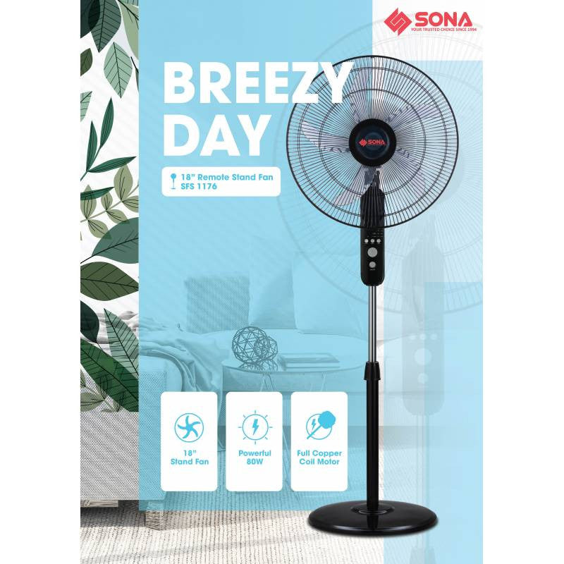 Sona 18” Remote Stand Fan SFS 1176 Remote Controlled Standing Fan (8 Years Warranty on Motor)