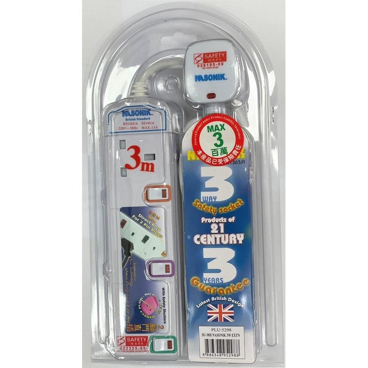 Nasonik 2/3/4/5/6 Way 3M Extension Cord with 2 Pin Direct Plug (Latest British Design with 3 Years Warranty)