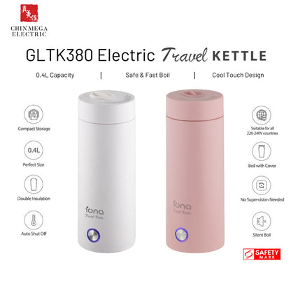 IONA 400ml Portable Electric Stainless Steel Travel Kettle - GLTK380 (White/ Pink)