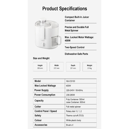 Panasonic MJ-CS100WSP Centrifugal Compact Juicer