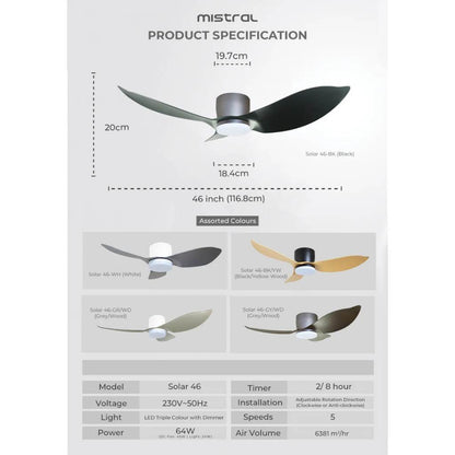 Mistral Solar 46" DC Motor Ceiling Fan Hugger Series / 24w Tri-Tone Lamp