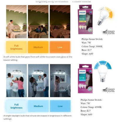 Philips LED A60 E27 Scene Switch Bulb | 2 Color in 1 Bulb & 3 Light in 1 Bulb