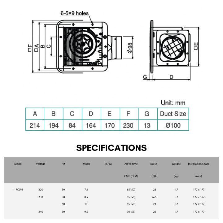 KDK 17cm Ceiling Mounted Ventilating Exhaust Fan 17CUH
