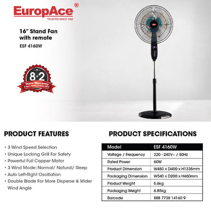 EuropAce 16" Stand Fan With Remote Control and Timer ESF4160W
