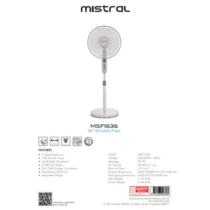 Mistral 16" Oscillating Stand Fan With Timer | MSF1636