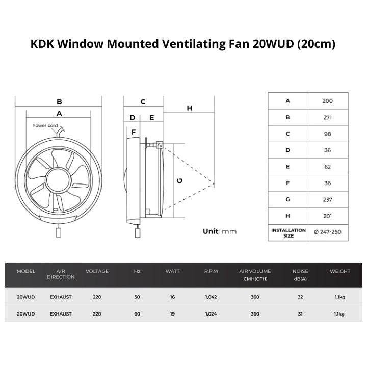 KDK 15cm 20cm Window Mounted Ventilating Fan 15WUD / 20WUD