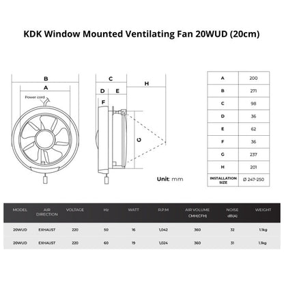 KDK 15cm 20cm Window Mounted Ventilating Fan 15WUD / 20WUD