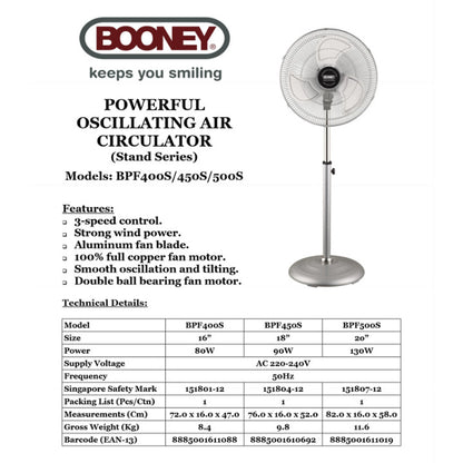 Booney BPF400F / BPF450S / BPF500S Aluminium Stand Fan 16" - 20"