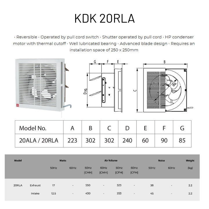 KDK 2-Way Reversible Wall Mounted Exhaust Ventilating Fan with Louver KDK 20RLA / 25RLA / 30RLA