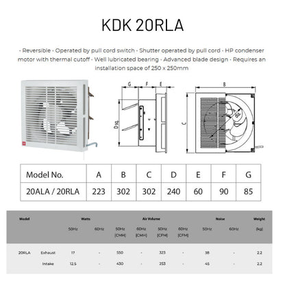 KDK 2-Way Reversible Wall Mounted Exhaust Ventilating Fan with Louver KDK 20RLA / 25RLA / 30RLA