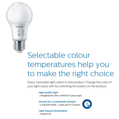 Philips LED 9W/ 14W E27 bulb / 5 selectable light color 2700K, 3000K, 4000K, 5000K, 6500K / Dimmable