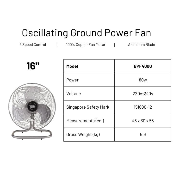 Booney BPF400G / BPF450G / BPF500G Floor Power Fan 16" - 20"