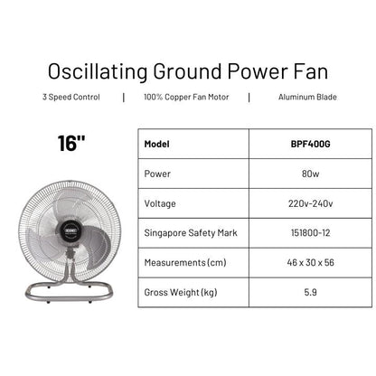 Booney BPF400G / BPF450G / BPF500G Floor Power Fan 16" - 20"