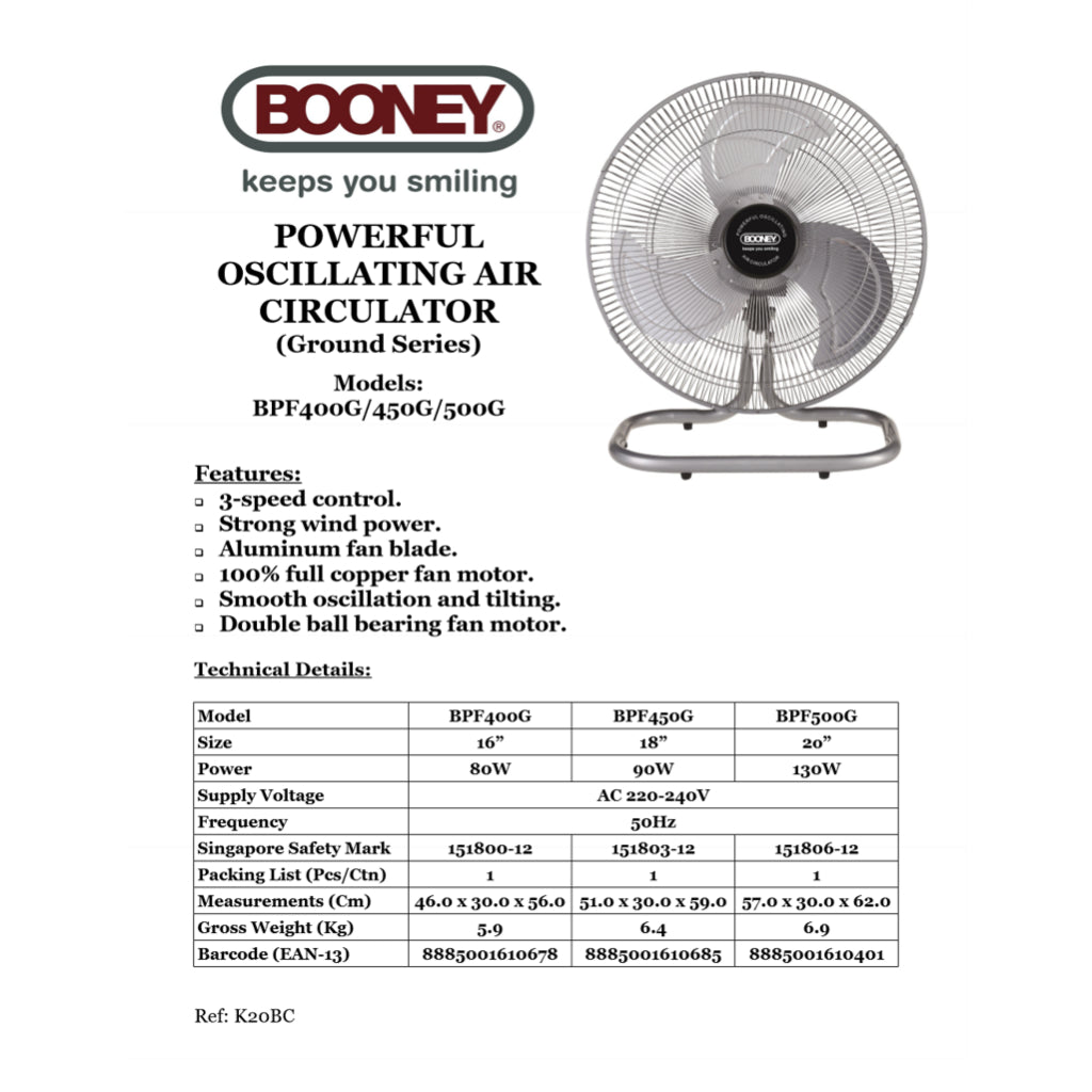 Booney BPF400G / BPF450G / BPF500G Floor Power Fan 16" - 20"