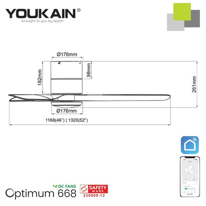 Youkain Optimum YJ-668H Hugger Flush Mount Smart DC Motor Ceiling Fan 36" / 46" / 52" w 24W LED Tri-Color Light*