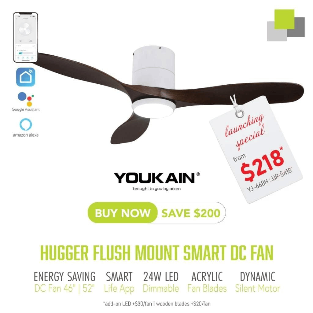 Youkain Optimum YJ-668H Hugger Flush Mount Smart DC Motor Ceiling Fan 36" / 46" / 52" w 24W LED Tri-Color Light*