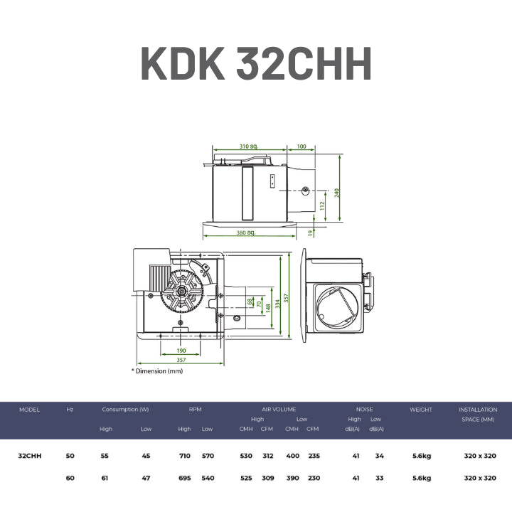 KDK Ceiling Mount Ventilating Exhaust Fan Steel Type with 2 Speed Motor 24CHH / 27CHH/ 32CHH