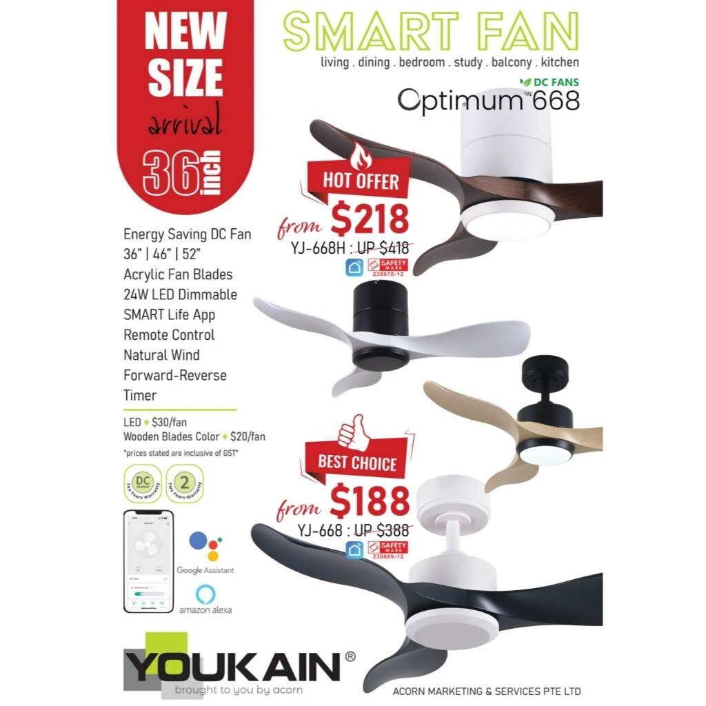Youkain Optimum YJ-668H Hugger Flush Mount Smart DC Motor Ceiling Fan 36" / 46" / 52" w 24W LED Tri-Color Light*