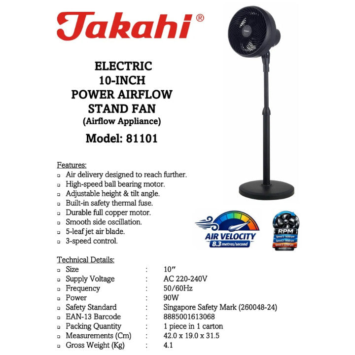 Takahi 8110 Electric 10-Inch Power Airflow Stand Fan