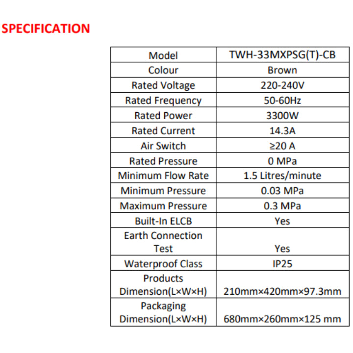*Installation Available* Toshiba Instant Water Heater TWH-33MXPSG | TWH-33MXPSG(T)-CB w DC Booster Pump & Built-In ELCB