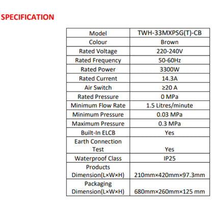 *Installation Available* Toshiba Instant Water Heater TWH-33MXPSG | TWH-33MXPSG(T)-CB w DC Booster Pump & Built-In ELCB