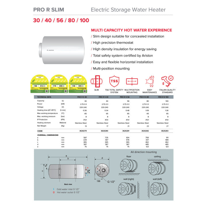 Ariston Pro R Slim (30L / 40L / 56L / 80L / 100L) Storage Water Heater
