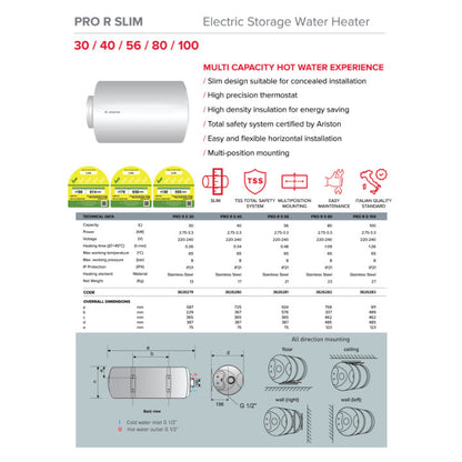 Ariston Pro R Slim (30L / 40L / 56L / 80L / 100L) Storage Water Heater