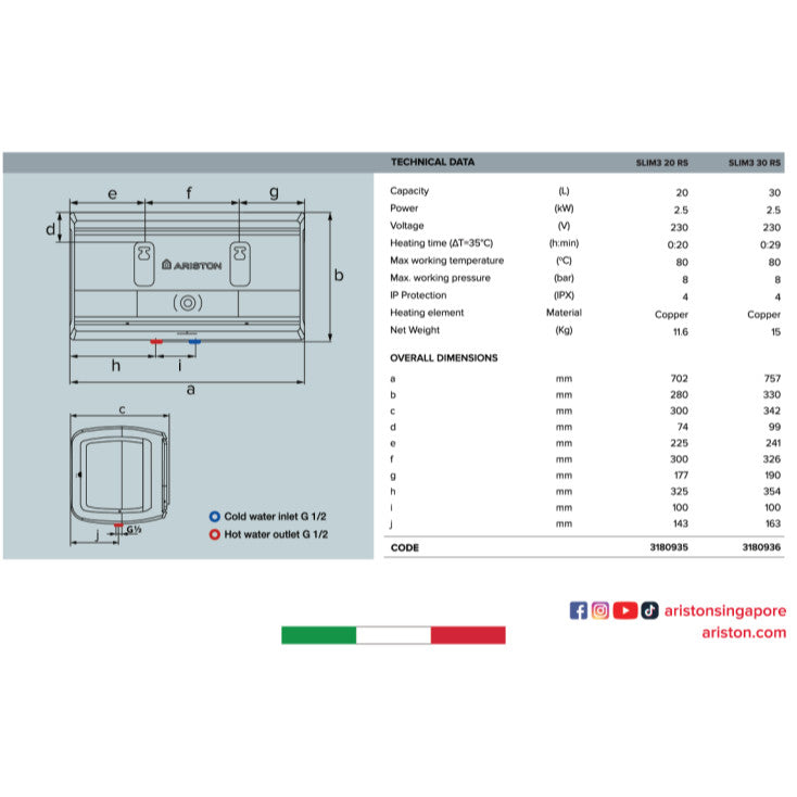 (Installation Available) Ariston Slim3 RS / Slim3 Top Wi-Fi (20L / 30L) Storage Water Heater (Local Warranty)