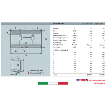 (Installation Available) Ariston Slim3 RS / Slim3 Top Wi-Fi (20L / 30L) Storage Water Heater (Local Warranty)